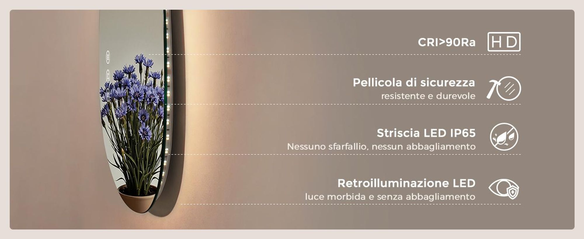 S'AFIELINA specchio da bagno con illuminazione 75×55cm Specchio da parete con interruttore a LED 3 colori di luce e dimmerabile, antiappannamento e funzione memoria