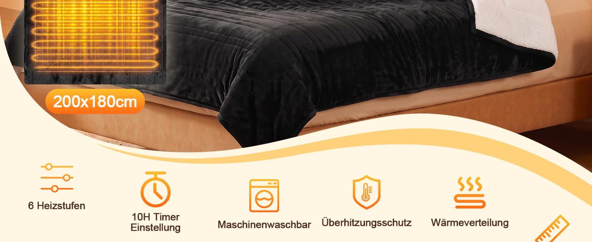 ZMH Elektrische Heizdecke 200x180cm Schwarz Kuschelheizdecke mit Timer 6 Temperatureinstellungen Wärmeunterbett Flanell Wärmedecke Fur Bett Sofa