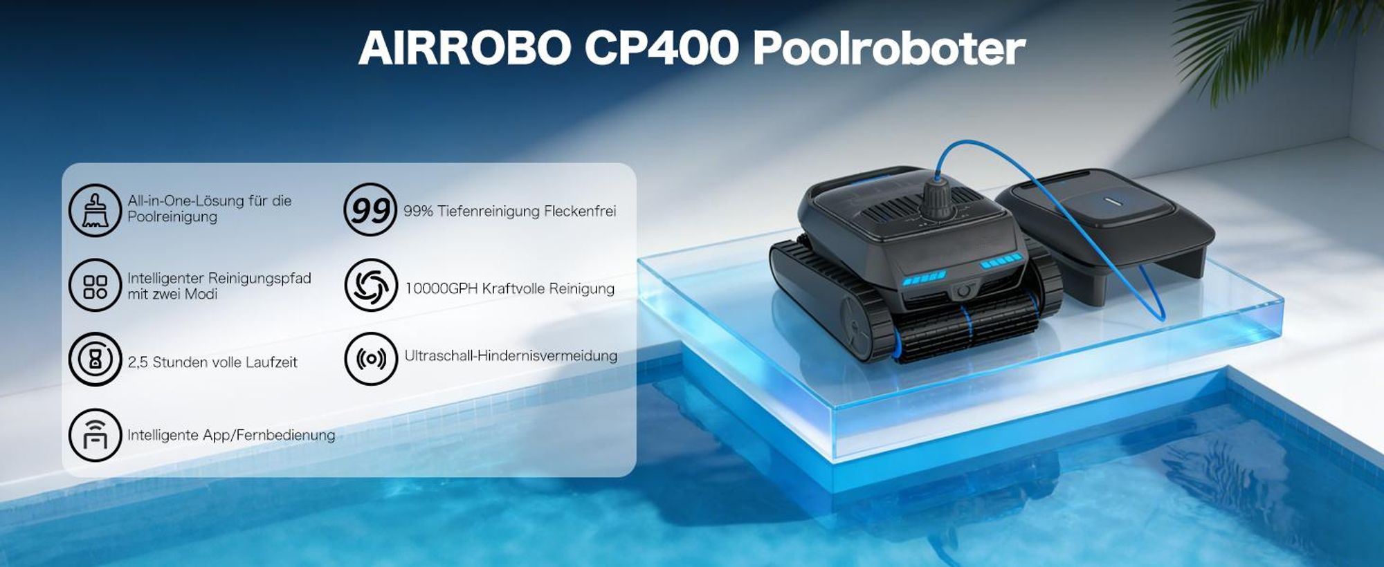 AIRROBO CP400 Poolroboter, Intelligente Navigation, Selbsteinparkfunktion, All-in-One Poolreinigung für Wasseroberfläche/Boden/Wand/Wasserlinie