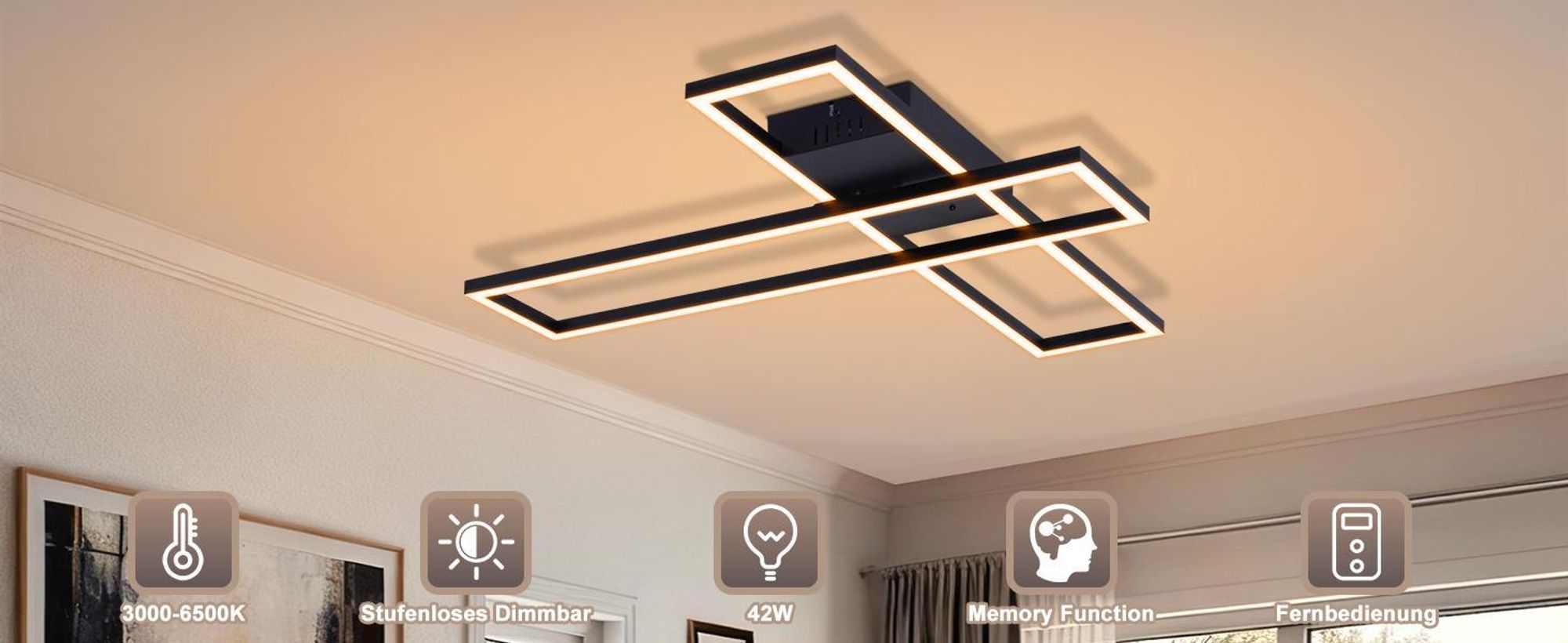 ZMH Stropní svítidlo do obývacího pokoje LED stropní lampa 42 W Lampa do obývacího pokoje Plynule stmívatelná lampa do kuchyně Černá stropní svítidla Stropní osvětlení do kuchyně