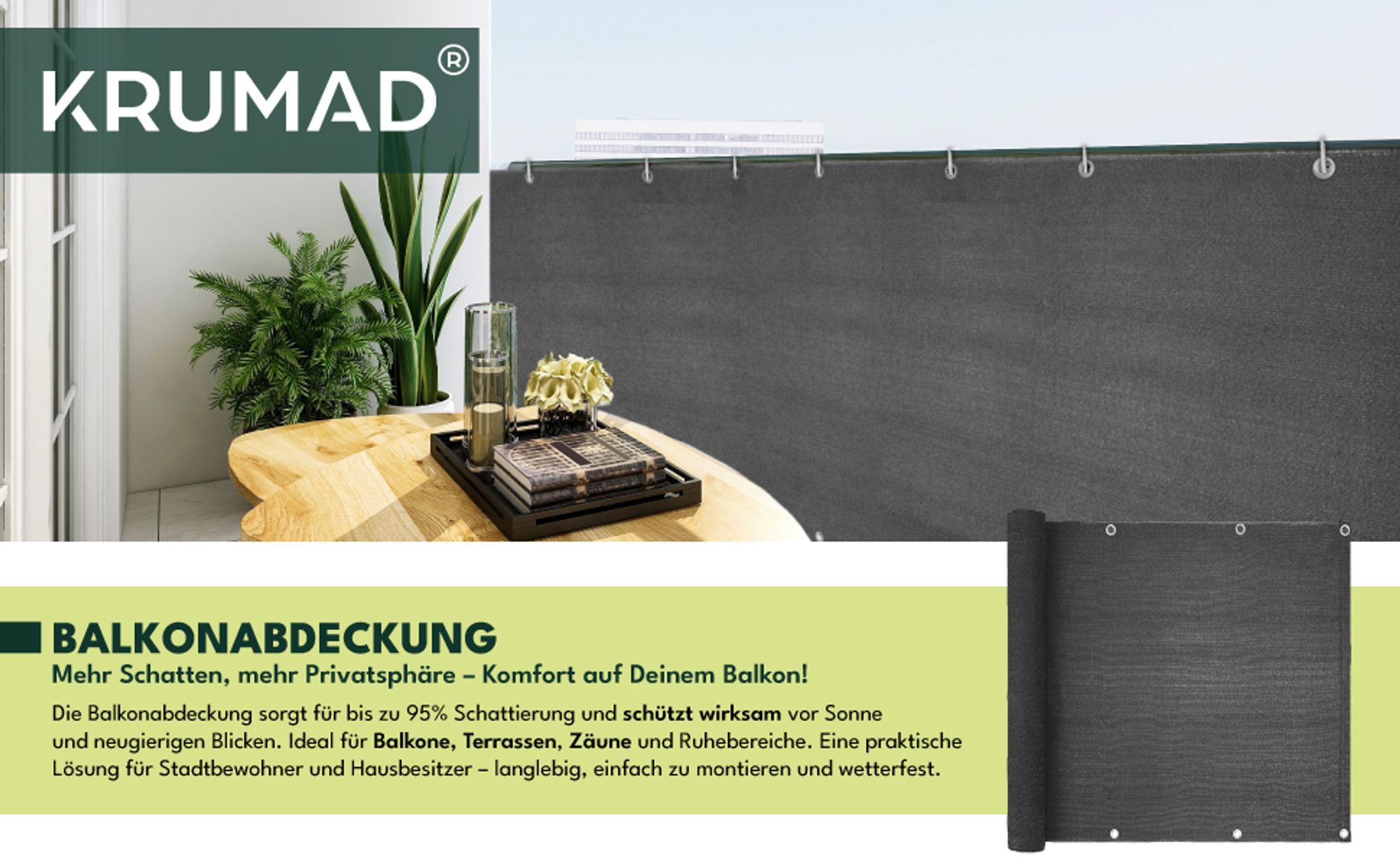 KRUMAD Balkon Sichtschutz 0,9m x 5m Wetterfest 95% Schattierung Schattierung 180g/m² PEHD UV- & Windschutz, Schnur Anthrazitgrau