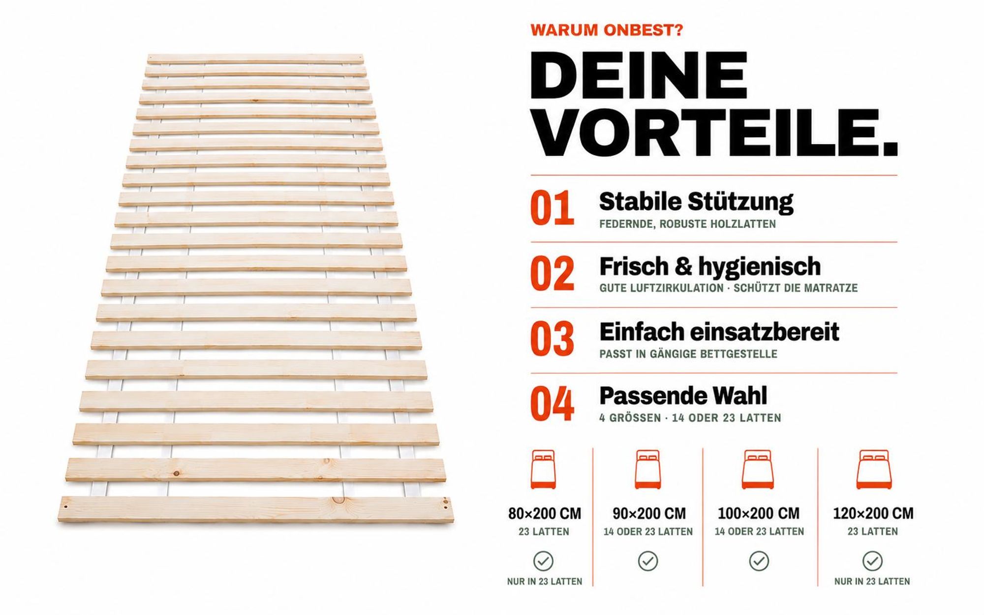 Lattenrost Wolkenland 120x200 cm 23 Latten | Rollrost Massivholz Kiefer | 400 kg Tragkraft | vorgebohrt für alle Matratzen