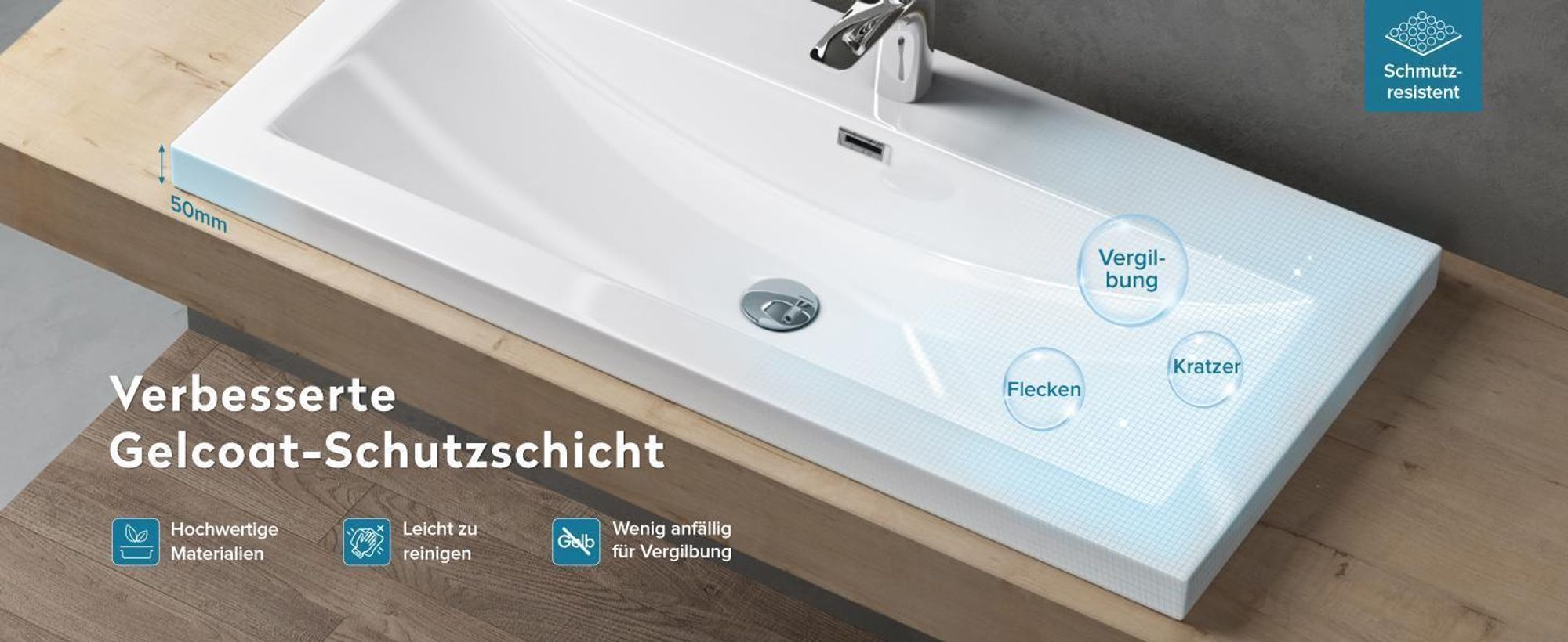 doporro Waschbecken Einbauwaschbecken aus mineralguss in weiß |BTH: 100x48x13 cm| Waschtisch Waschplatz| Col01
