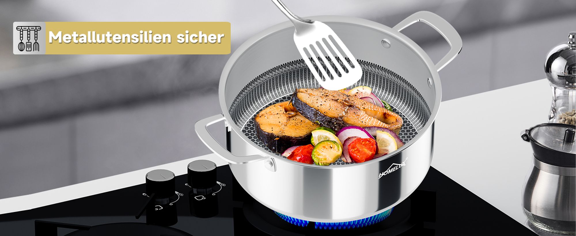 Topf 20cm 2,3L Edelstahl Kochtopf Induktion mit Glasdeckel,Töpfe mit Wabenstruktur Beschichtete