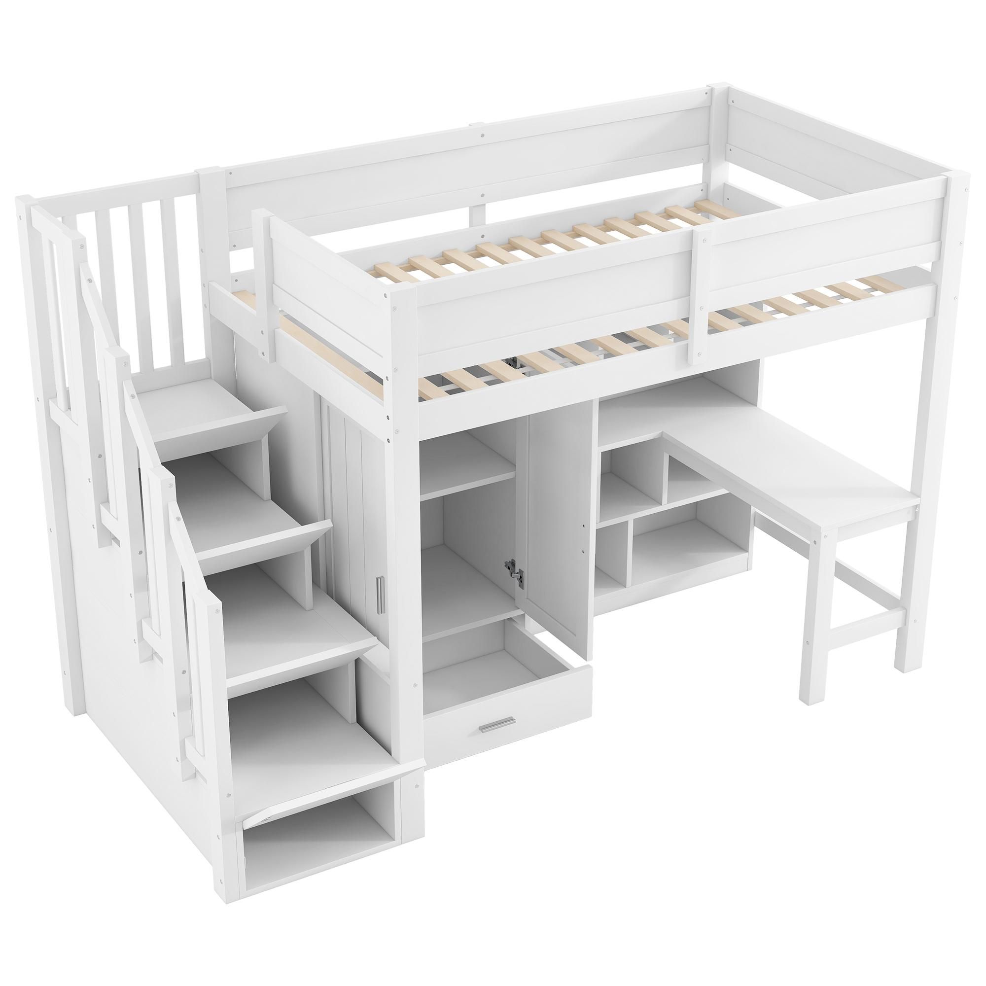 Flieks Etagenbett 90x200cm mit Kleiderschrank, Hochbett Einzelbett mit Schreibtisch und ein Bücherregal, Jugendbett Kinderbett mit Led, Weiß
