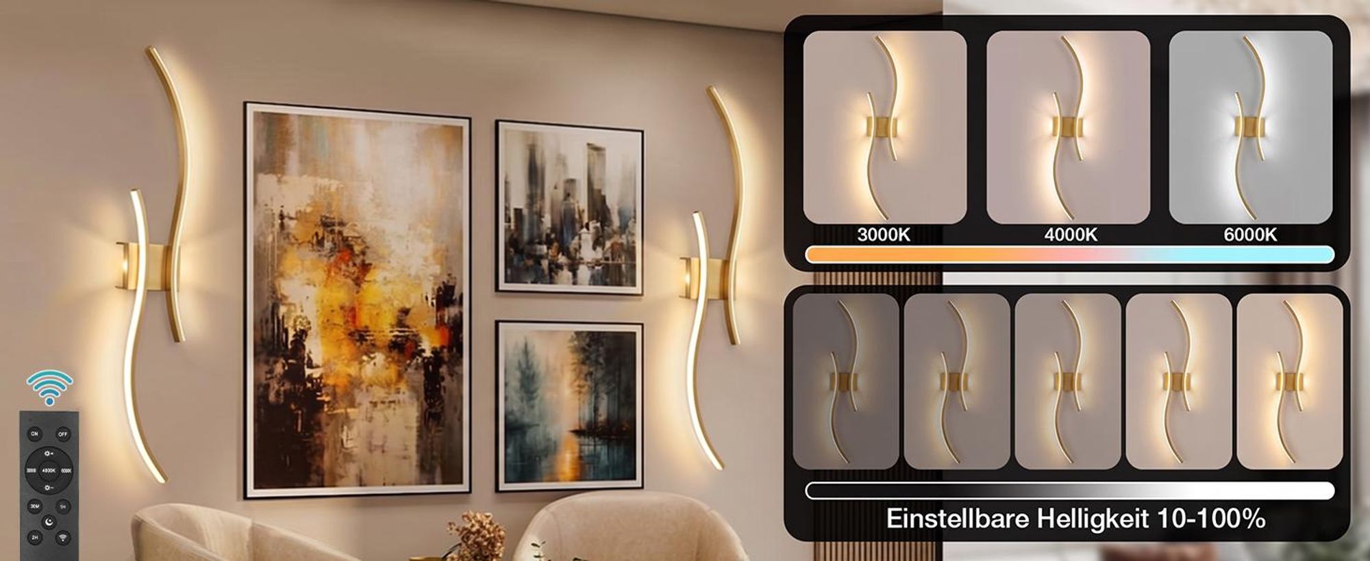 2 Stück LED Wandleuchte Innen Modern Dimmbar 3 Farbtemperaturen Wiederaufladbar Wandlampe mit Fernbedienung