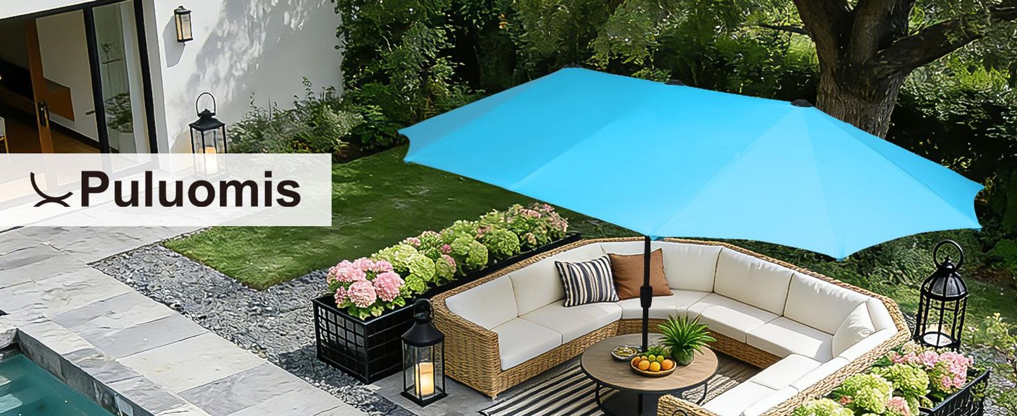 Puluomis Sonnenschirm 400 x 200 x238cm UPF 50+ mit Kurbel ohne Ständer Balkonschirm Strandschirm Marktschirm Gartenschirm Blau
