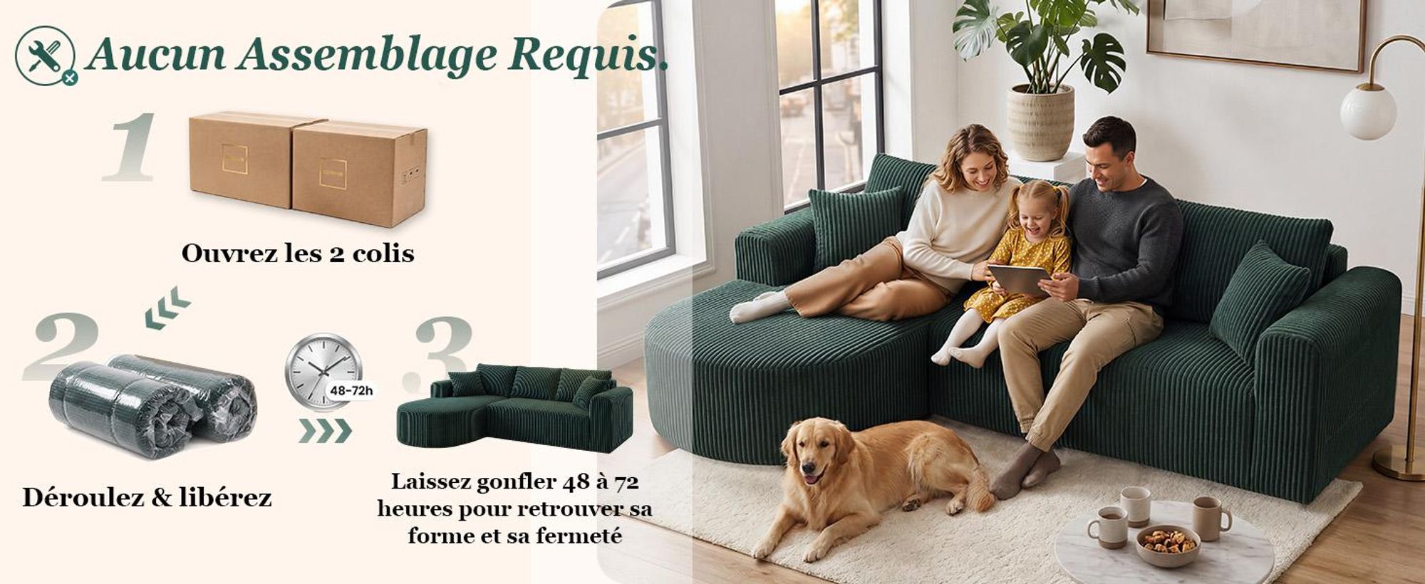 Canapé d'angle avec fonction convertible, canapé modulaire en velours sans structure visible, canapé avec chaise longue, canapé d'angle convertible, canapés modulaires avec coussins et poches latérales, 243 cm