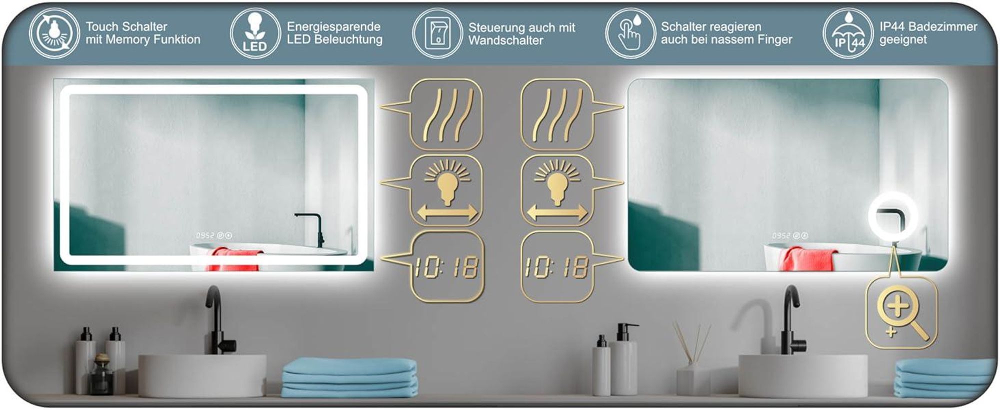 HOKO ANTIBESCHLAG LED Badspiegel 100x60cm+Uhr+Lichtwechsel Warmweiß-Kaltweiß-Neutral. Licht mit Touch Schalter/Wandschalter einschaltbar. Bochum