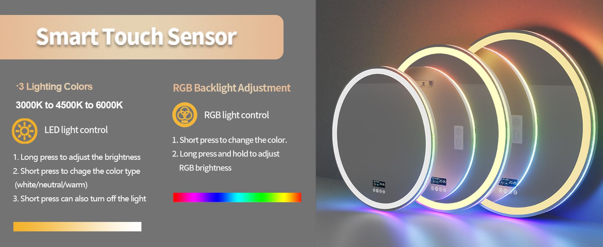 WISFOR LED Badspiegel Rund mit Bluetooth Lautsprecher, 80cm RGB Wandspiegel Badezimmerspiegel mit Beleuchtung dimmbar Beschlagfrei Touchschalter
