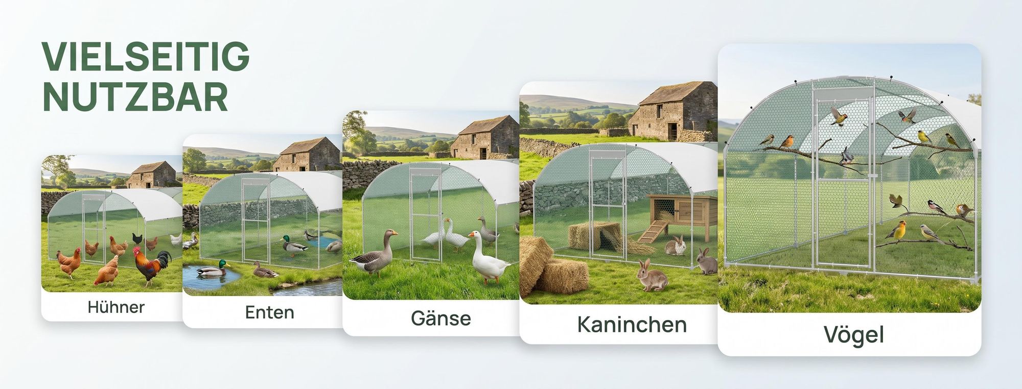 ROSEJANE Bogen-Hühnergehege 3 x 4 x 2 m, Hühnerauslauf mit verzinktem Stahlrahmen, PVC-beschichtetem Drahtgitter und UV-beständigem PE-Dach, abschließbare Tür, für Hühner, Enten, Gänse und Kaninchen