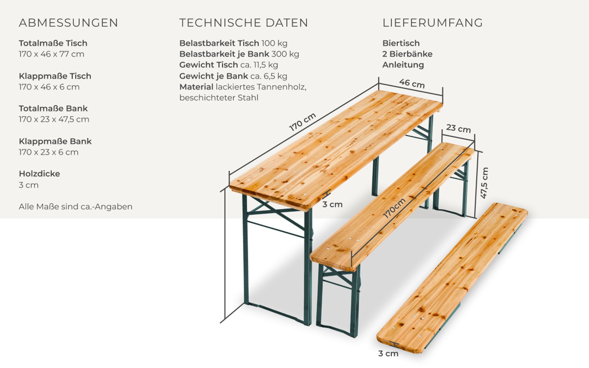 tectake Bierzeltgarnitur 3-teilig Klappbar Tannenholz für 8 Personen
