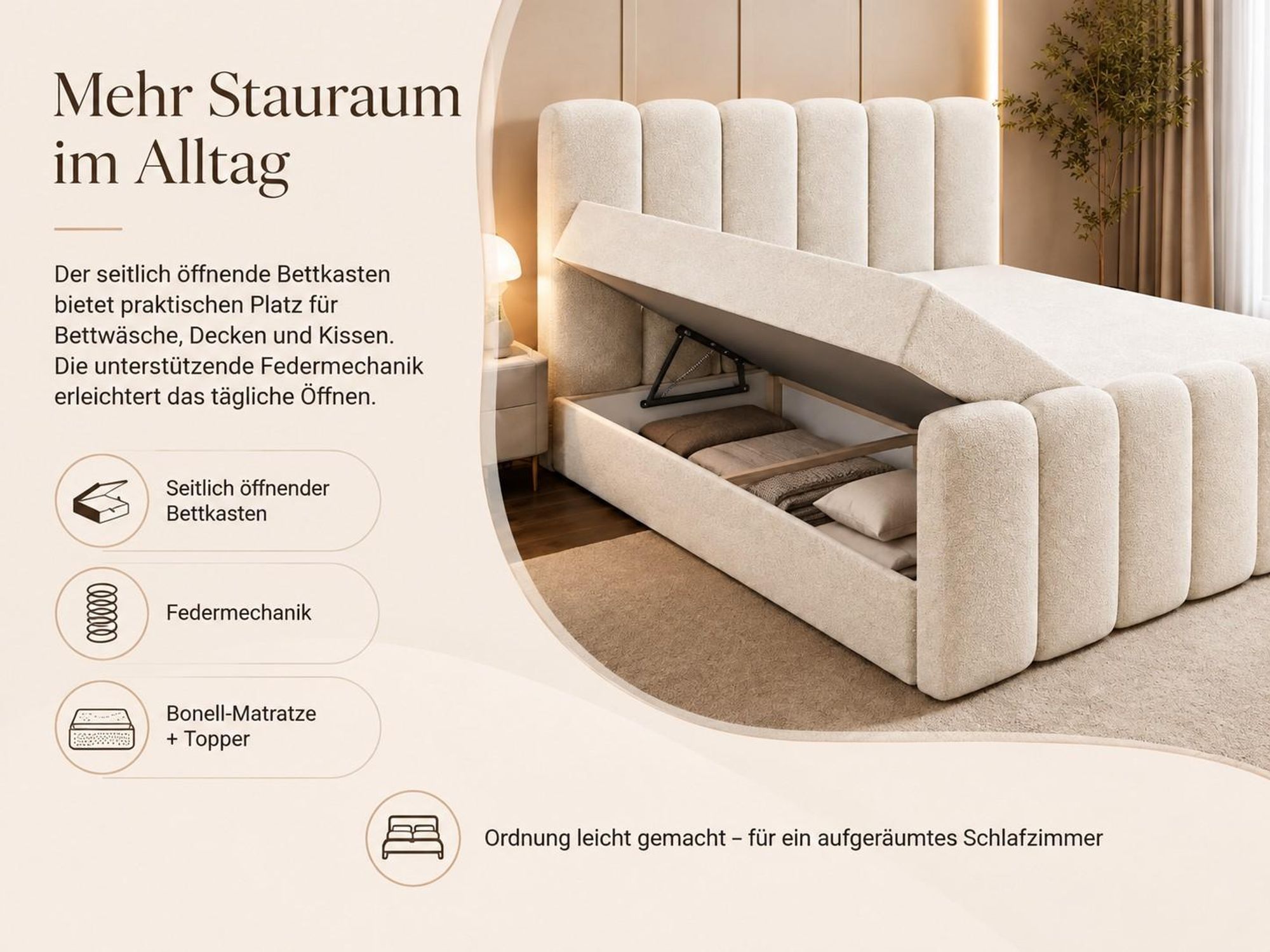 Boxspringbett 140x200 mit Bettkasten NOLA, Komplett-Set mit Bonell-Matratze H3 und Topper, Bouclé Creme