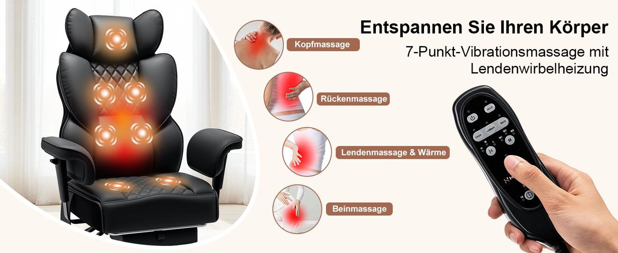 HOFFREE Bürostuhl Ergonomisch mit 7-Punkt-Vibrationsmassage & Lendenheizung, 155° neigbar, Heizfunktion, hoher Rücken, belastbar bis 200 kg, Schwarz