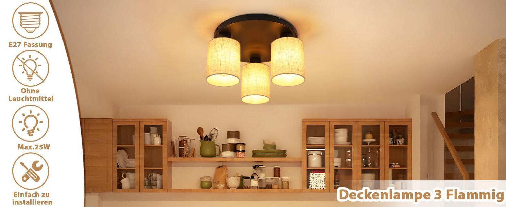 ZMH Deckenlampe Wohnzimmer Deckenleuchte Schwarz Schlafzimmerlampe Rund Flurlampe Vintage E27 3 Flammig Stoffschirm Rustikal Küche Ohne Leuchtmittel