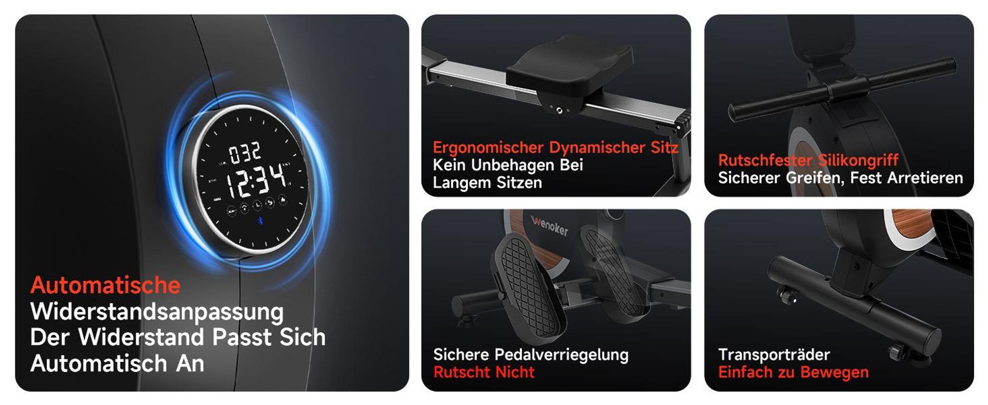 Wenoker Rudergerät für Zuhause, Magnetisches Rudergerät mit APP & LCD-Display, 32 Widerstandsstufen, 160 kg Belastbarkeit, Vertikal Verstaubar