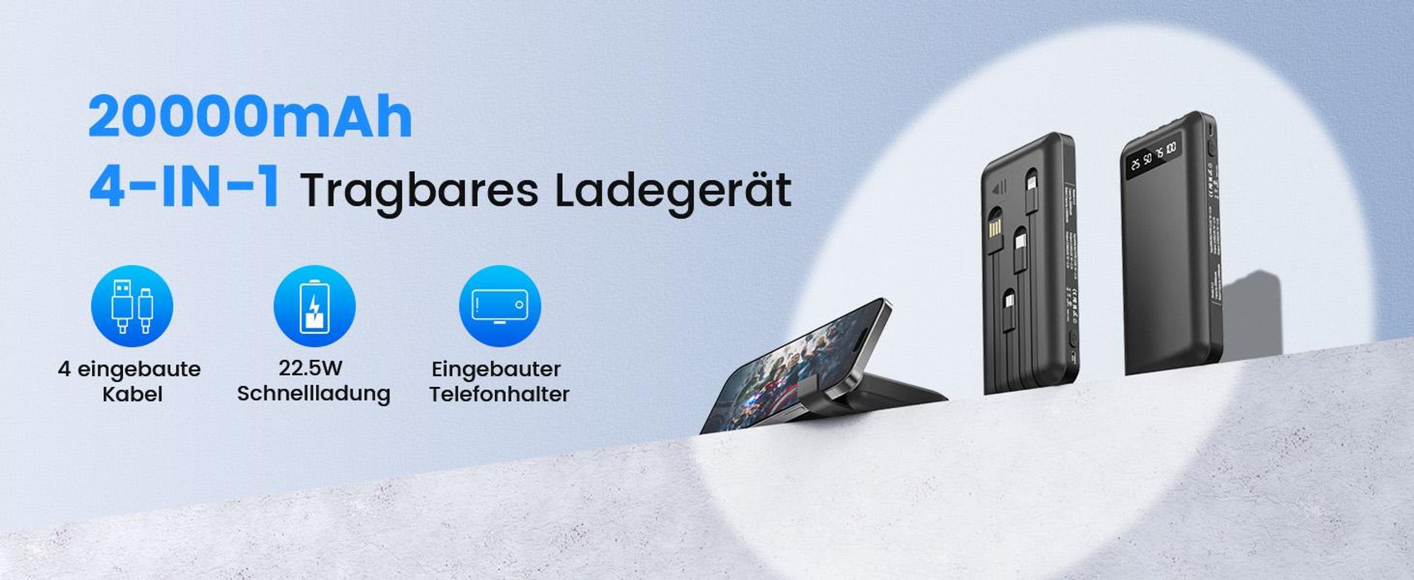 Powerbank, Tragbares Ladegerät, Externes Ladegerät, 20.000 mAh, 22,5W Schnellladegerät, mit 4 integriertem Kabel