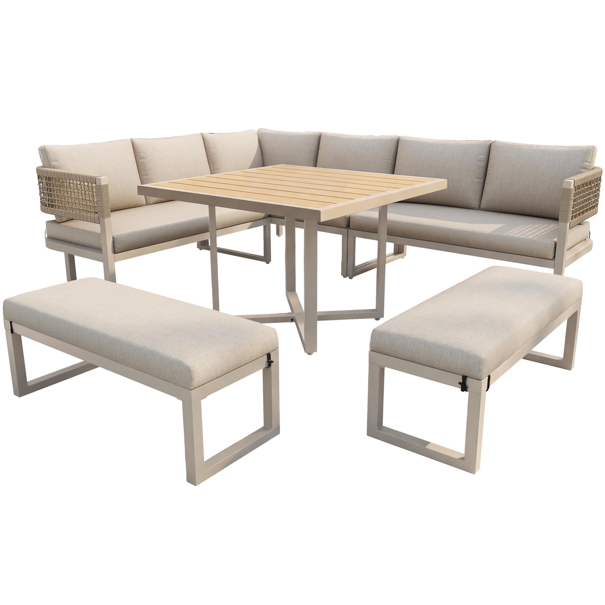 Flieks Gartenmöbel-Set 6 teilig für 8-10 Personen, Gartenlounge-Set mit Bank und Tisch, Gartengarnitur Sofagarnitur mit Seil-Design, Beige