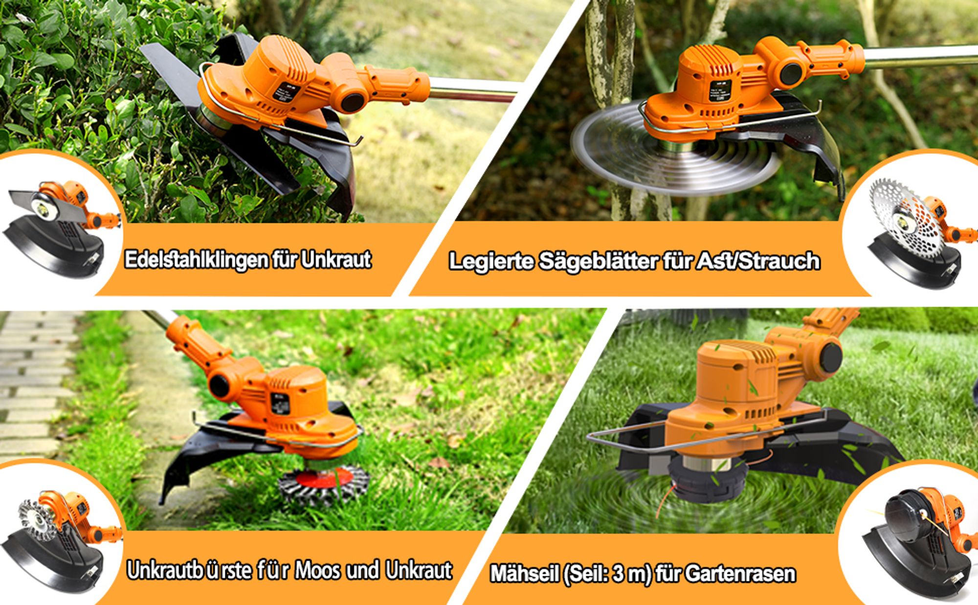 Akku Rasentrimmer mit 2× 4000mAh Akkus, 750W leistungsstarker Freischneider für Gartenarbeit, Rasentrimmer mit Unkrautbürste & Fugenbürste | Orange