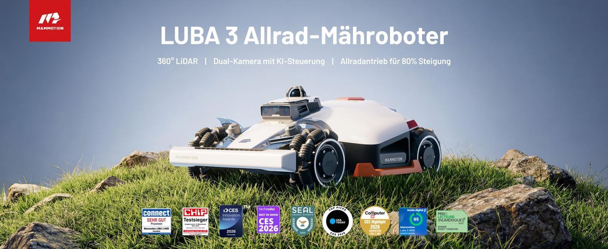 Mähroboter Mammotion LUBA 3 AWD 1500 mit Waschständer, bis 1500 m², Allradantrieb, 80% Steigung, Auto-Kartierung, 4G-Modul, APP