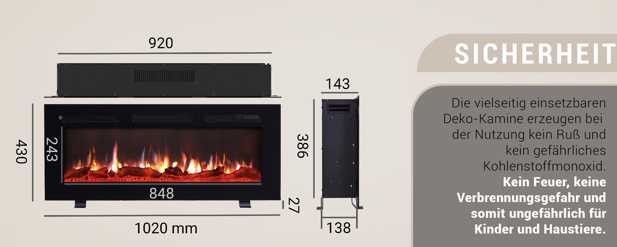BALDERIA Elektrokamin Leif 40" | 3in1 Stand/Wand/Einbaukamin, 3D-Flammeneffekt, dimmbar, Heizung 1800W, Timer, Thermostat, Startsteuerung | Schwarz