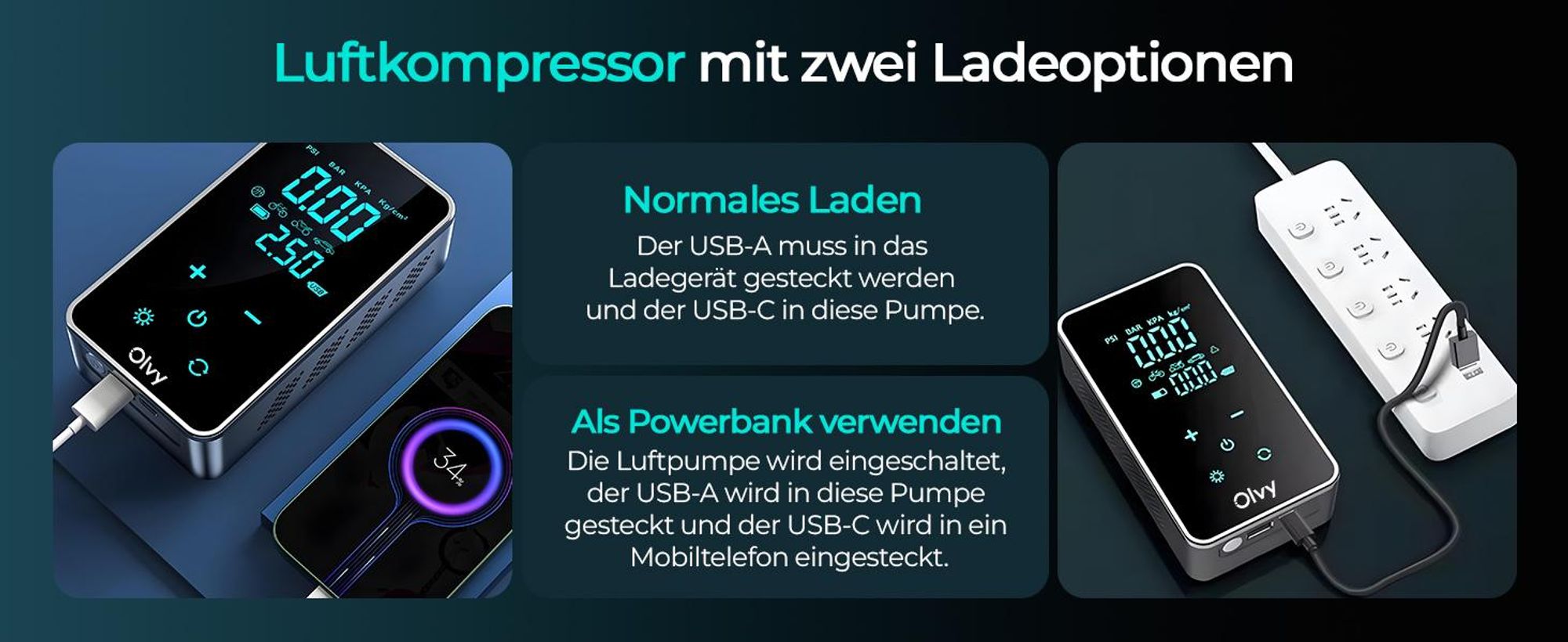 Olvy Luftkompressor, Mini Reifenpumpe 7000mAh, Elektrischer Kompressor Fahrradpumpe Elektrische Luftpumpe Mini-Kompressor Auto Fahrrad Bälle Powerbank