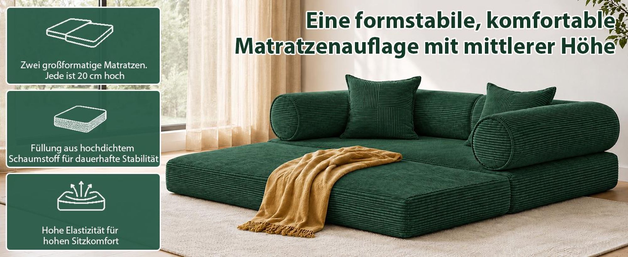HOOLAMYIE 6-in-1 Modulares Schlafsofa aus Cord, Klappbares Polstersofa mit Seitentasche, montagefrei, Bodensofa 2-Sitzer, Grün