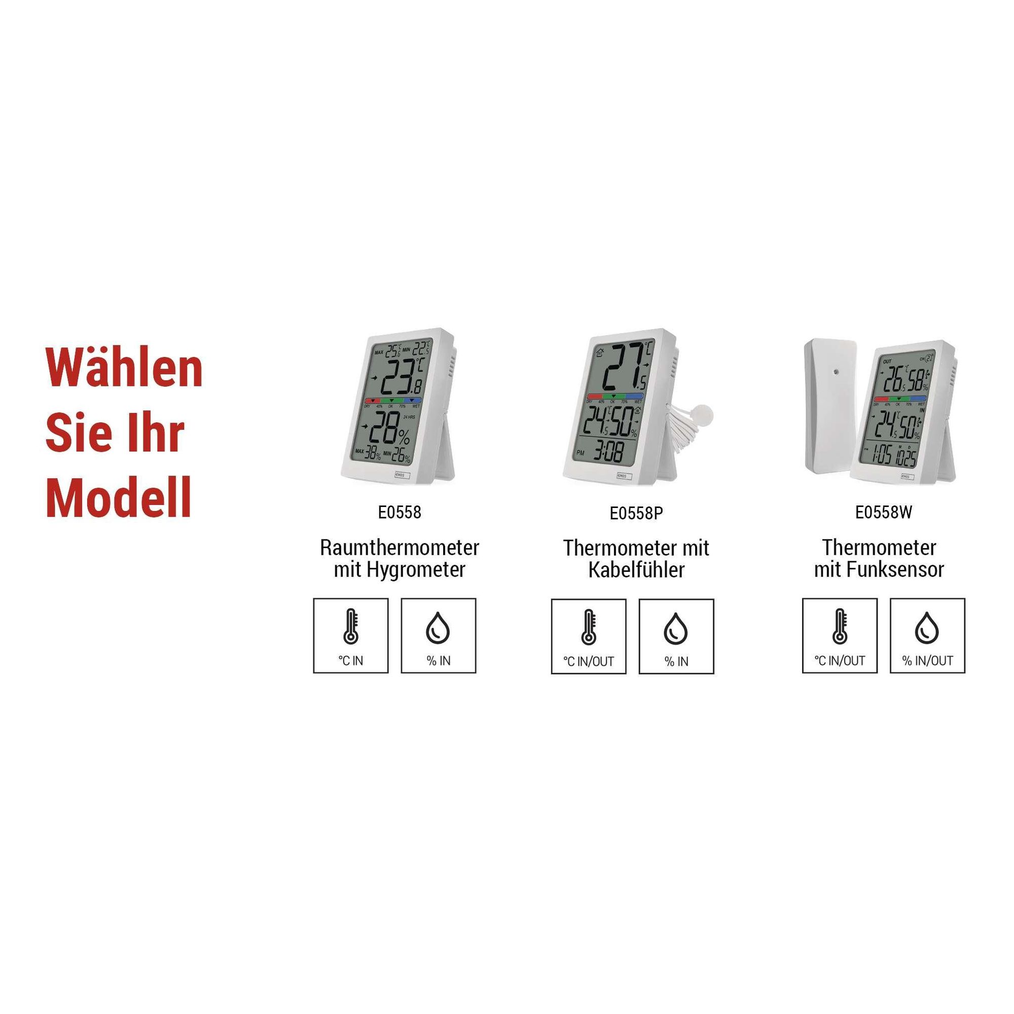 EMOS Digitaler Thermometer und Hygrometer mit kabellosem Sensor, 100 m Reichweite, Trend- und Komfortanzeige, Datum, Uhrzeit, Wecker, weiß, E0558W