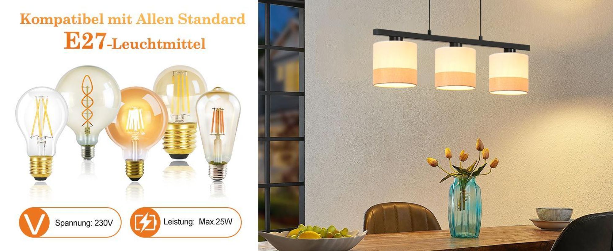 ZMH Esstisch Pendelleuchte 3 flammig Vintage Hängelampe Weiß Stoffschirm Esstischlampe Höhenverstellbar Pendellampe E27 Esszimmer (ohne Leuchtmittel)