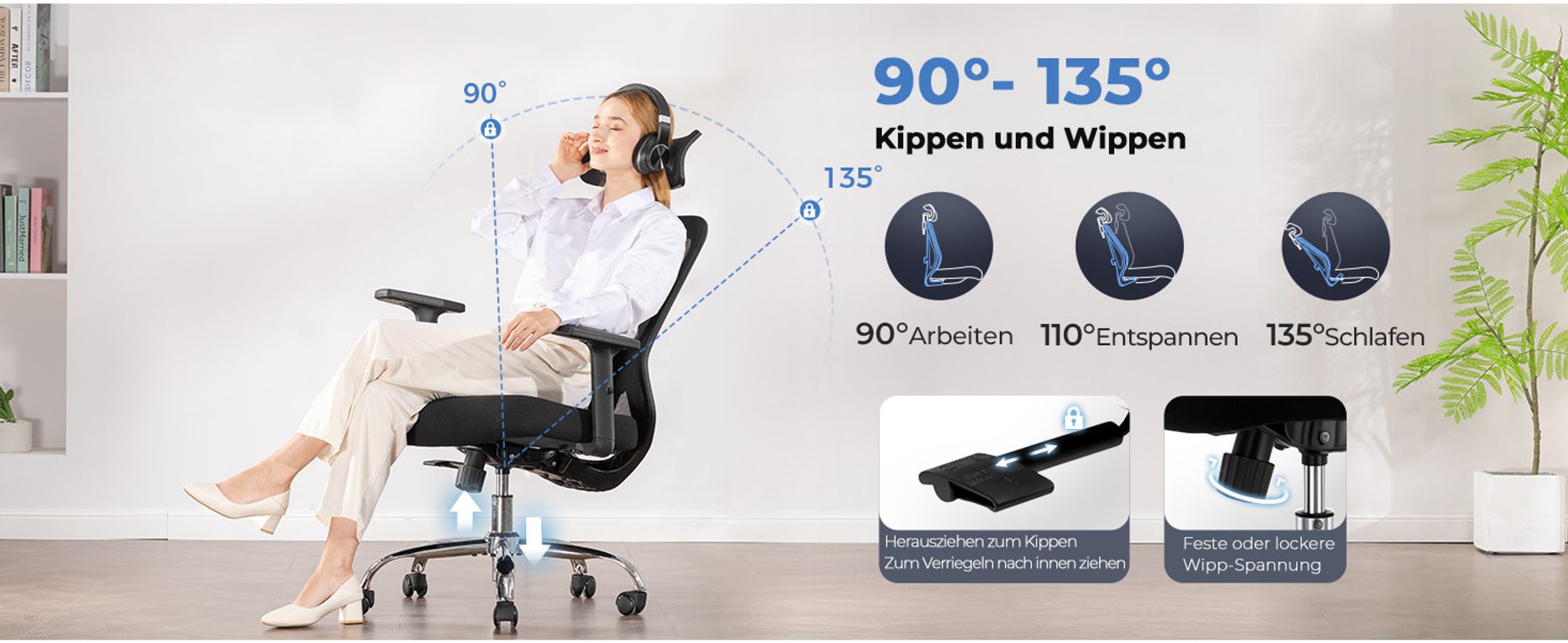 COMHOMA Bürostuhl Ergonomischer Schreibtischstuhl Chefsessel mit 3D Armlehnen, verstellbarer Lendenwirbelstutze und Kopfstütze, 150kg, Schwarz