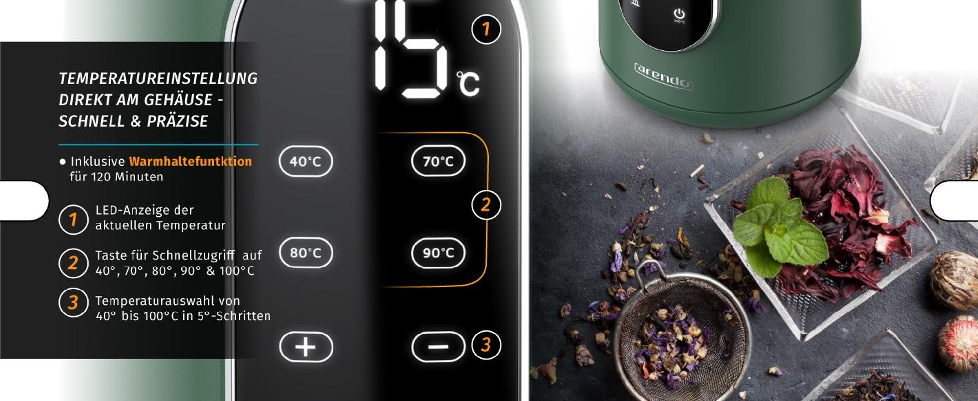 Arendo Wasserkocher mit Temperatureinstellung 40°C - 100°C mit Anzeige, Temperaturwahl, Edelstahl, 1,7 L, 2200W, LED-Display, Holzoptik-Griff, BPA-frei