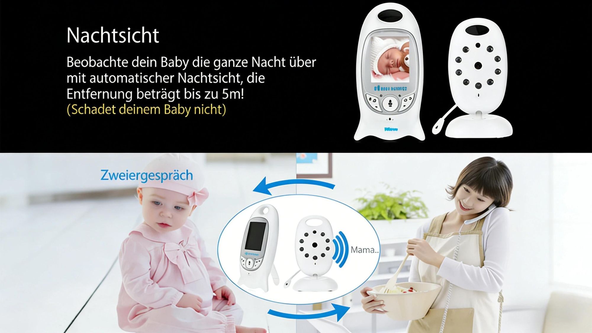 2k Babyphone mit Kamera und Audio, Infrarot-Nachtsichtkamera Babyfon mit Kamera VOX Temperaturüberwachung Nachtsicht Baby Monitor Gegensprechfunktion