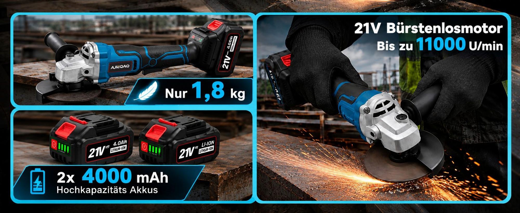 Akku-Winkelschleifer 125 mm, 21V Brushless, 11.000 U/min, 2×4,0Ah Akkus, stufenlos regelbar, zum Schneiden, Schleifen und Polieren, mit Koffer