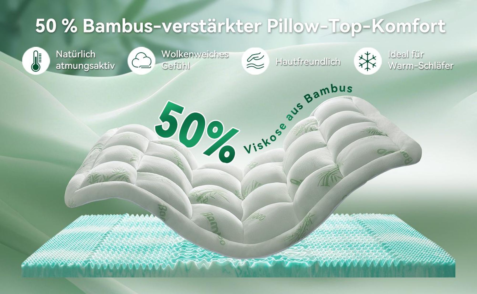 NicePlus 2-in-1 Topper, 90x200X7cm, 5-Zonen Memory Foam + Bambus-Pillow-Top, mit Eckgummis für alle Matratzen, H2/H3, Grün