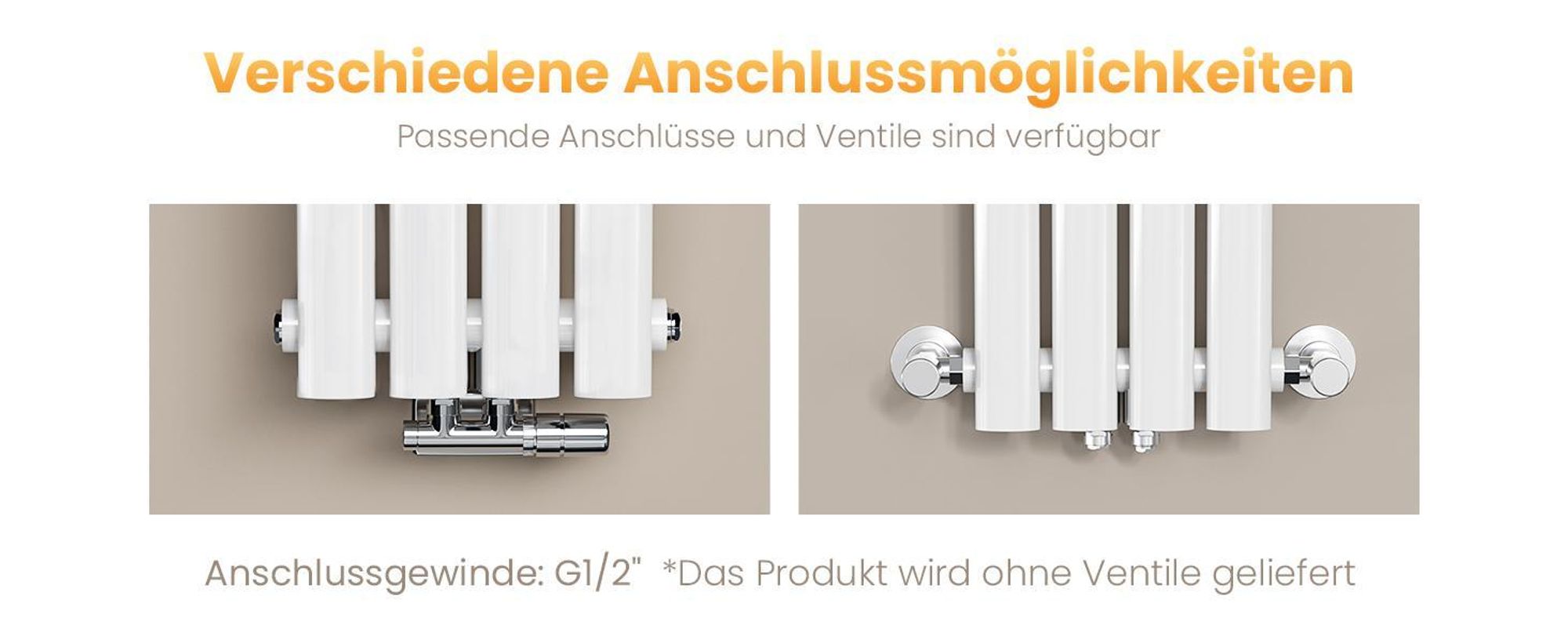 EMKE Design-Röhrenheizkörper für Warmwasserbetrieb Mittelanschluss Vertikal Oval Einlagig 427 Watt 24cm x 160cm Weiß ohne Heizstab