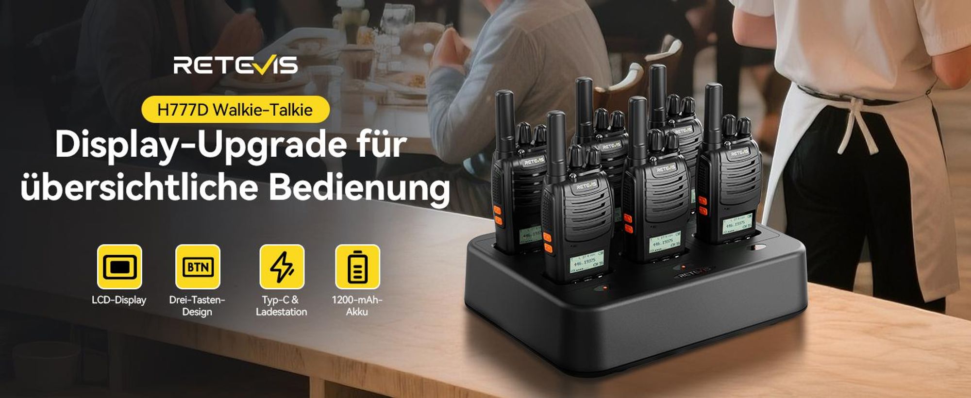 Retevis H777D Funkgeräte mit 6-Wege-Ladegerät, LCD-Bildschirm, Typ-C-Ladeanschluss, 1200 mAh, VOX, Tragbares Walkie Talkie für Geschäfte, Sicherheit