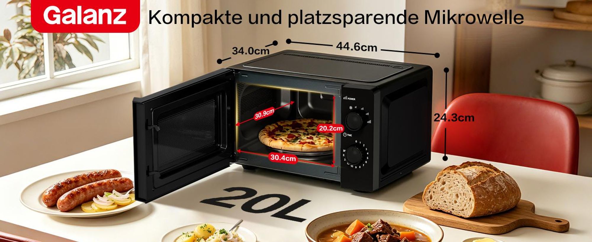 Galanz Mikrowelle 20L 700W Drehregler 6 Leistungsstufen Auftaufunktion schwarz