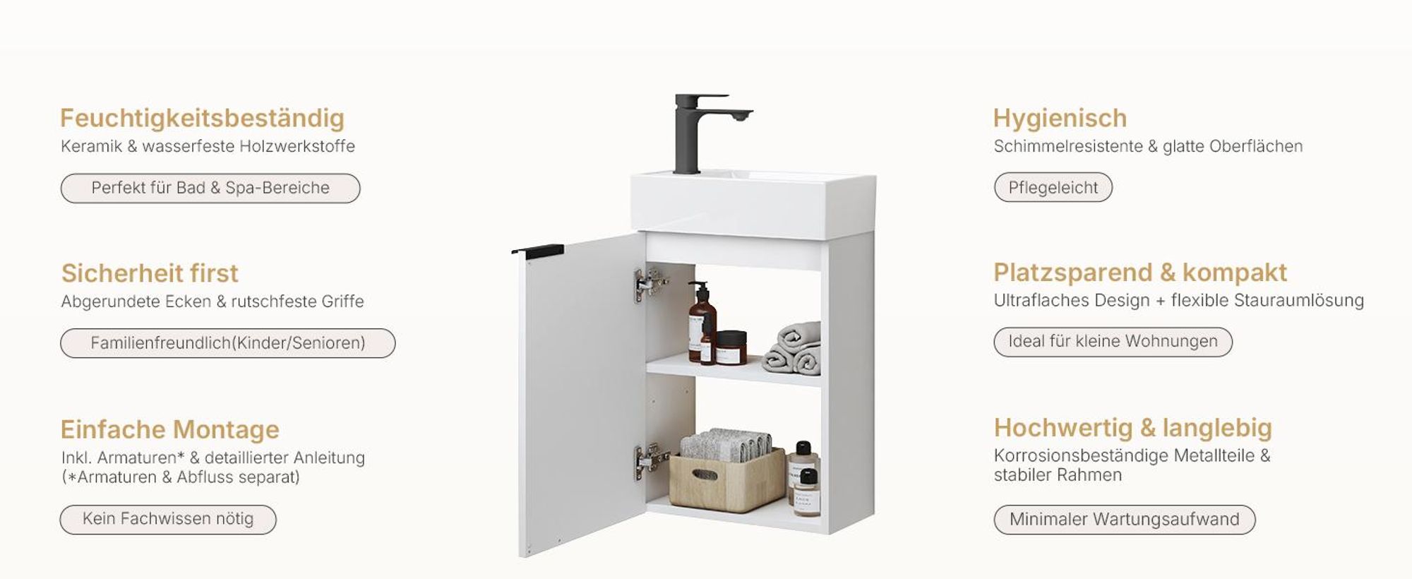EMKE Waschbeckenunterschrank mit waschbecken 417×240×646 mm wandhängend, Badezimmerschrank, Waschtischunterschrank Soft-Close, Weiß