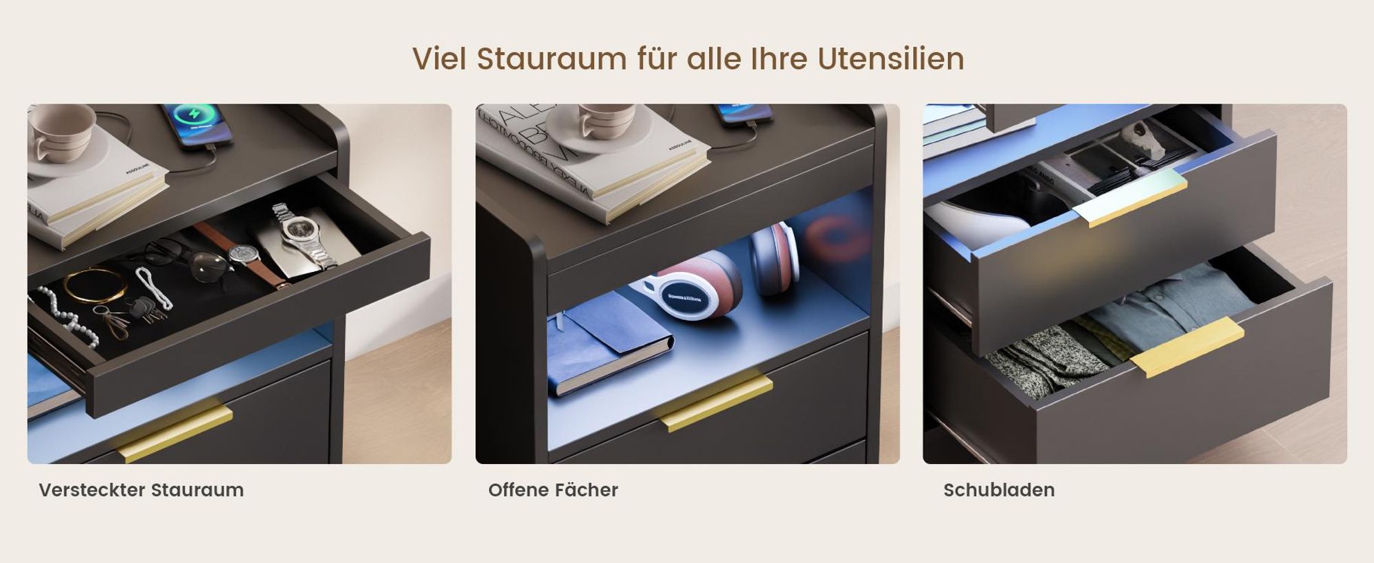 Mondeer Nachttisch mit LED-Beleuchtung & USB-Ladestation, Moderner Beistelltisch mit 2 Steckdosen, Doppel-USB, 3 Schubladen und Staufach Schwarz
