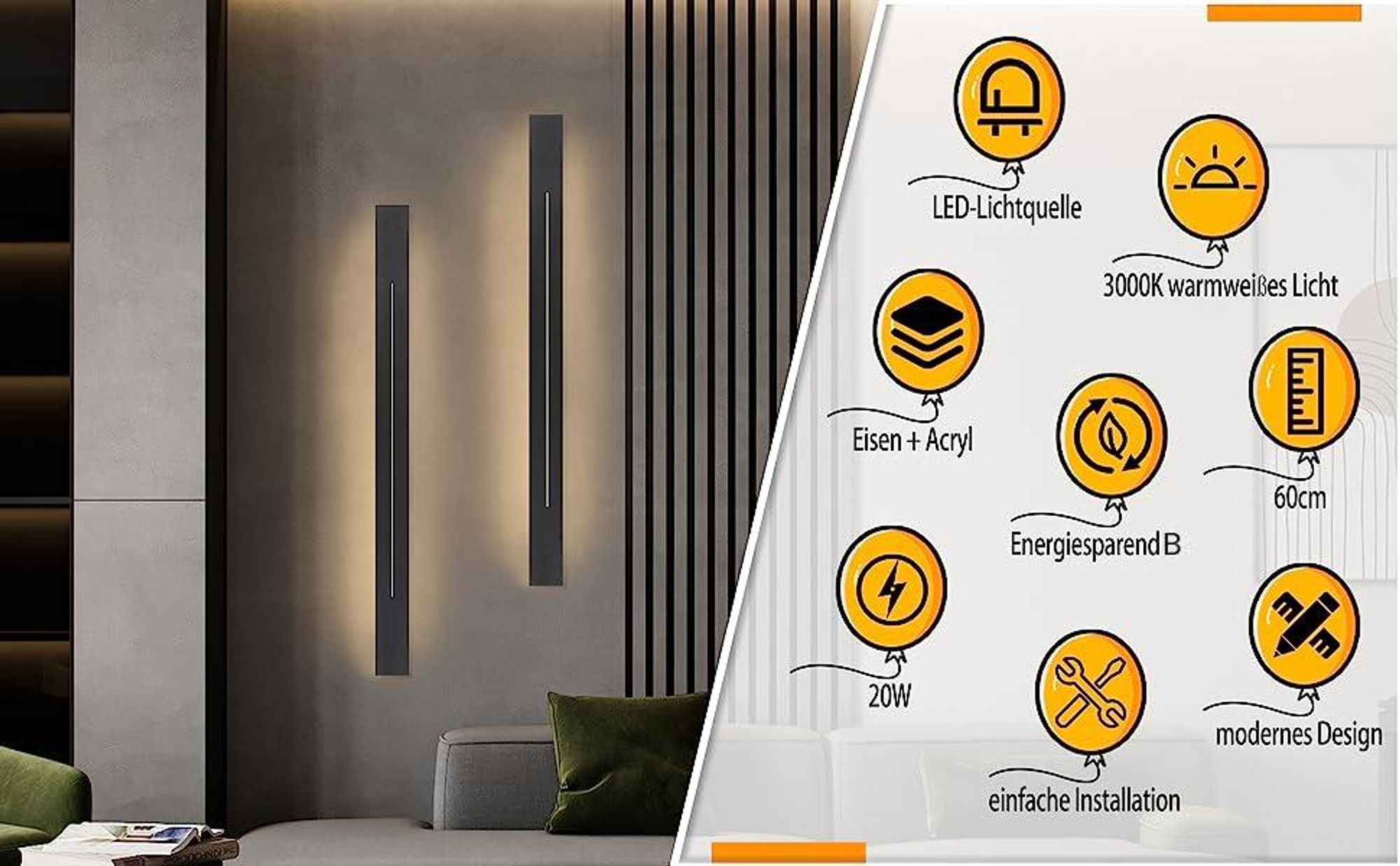 ZMH Applique LED per interni nero bianco caldo 60 cm 20 W LED integrato permanentemente