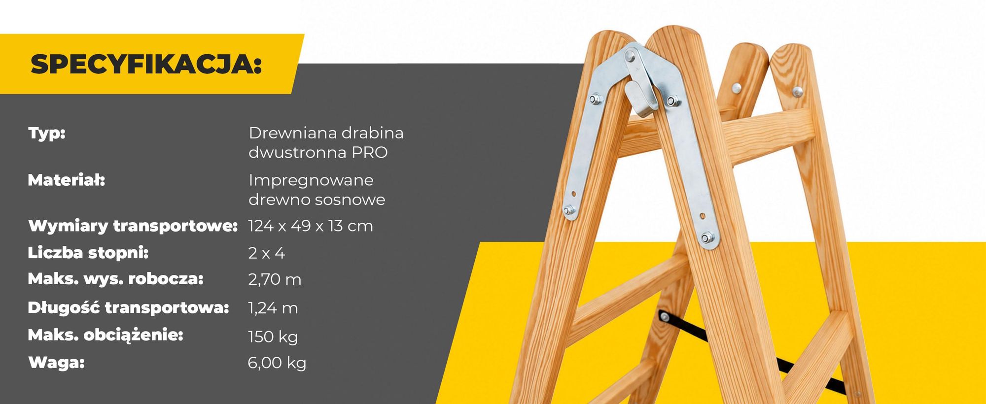 DRABEST | Drabina malarska drewniana, domowa, dwustronna składana, 2 × 4 stopnie, nośność do 150 kg - seria Pro