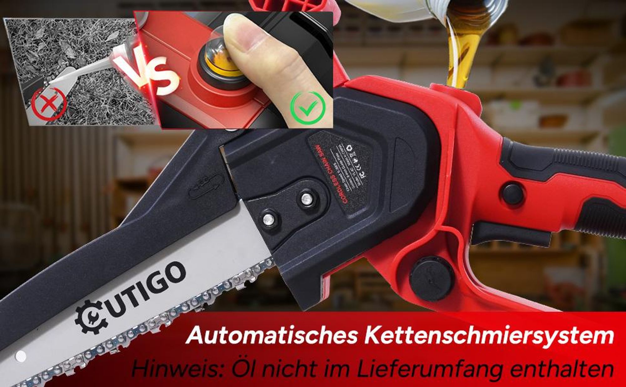 8 Zoll Akku Kettensäge, OUTIGO 1000 W Akku-Kettensäge, 21 V Akkus 2*4000mAh , leistungsstarkes Gartengerät zum Schneiden von Ästen