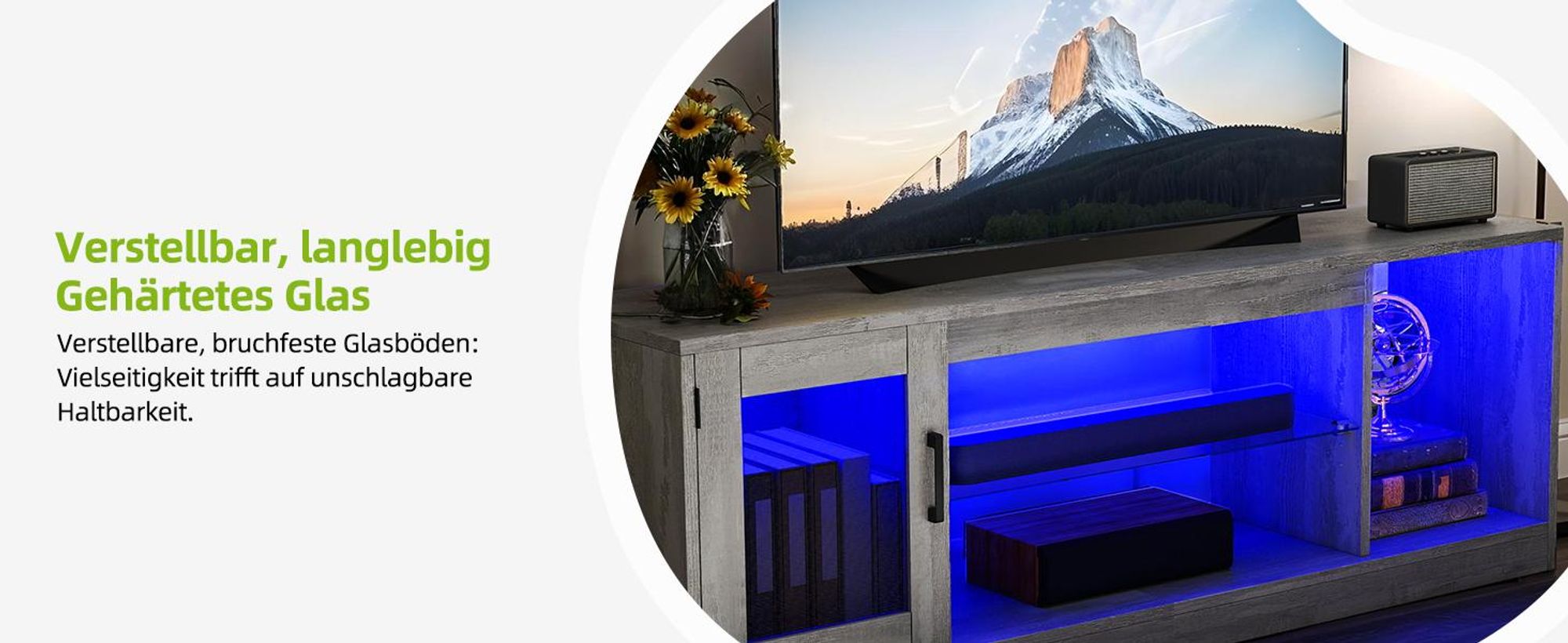 TV-Schrank für Fernseher bis zu 65 Zoll mit 7 RGB-LED-Leuchten mit 22 Modi, 148 x 51 x 32 cm, Grau