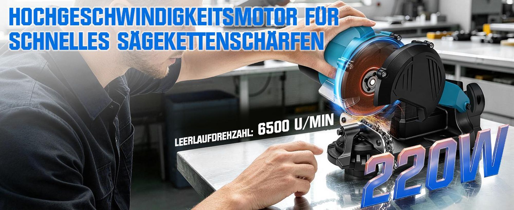 6500rpm Akku Sägekettenschärfgerät mit Schleifwinkeleinstellung Kettenspannvorrichtung Tiefenbegrenzung Schleifscheibe Arbeitslicht Sägekettenschärfer