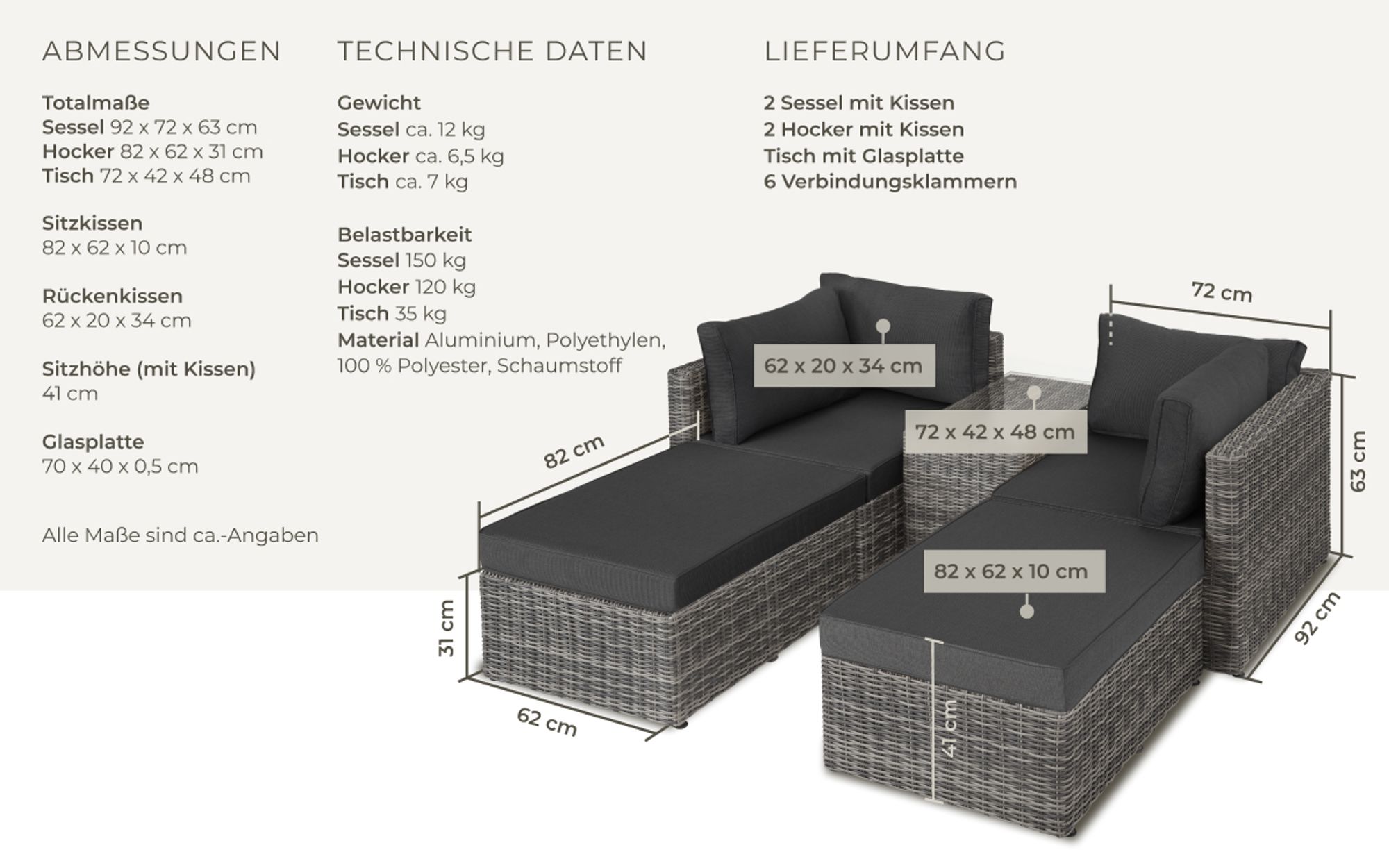 tectake® Aluminium Rattan Lounge San Domino wetterfest und UV-beständig Dicke der Sitzpolster 10 cm