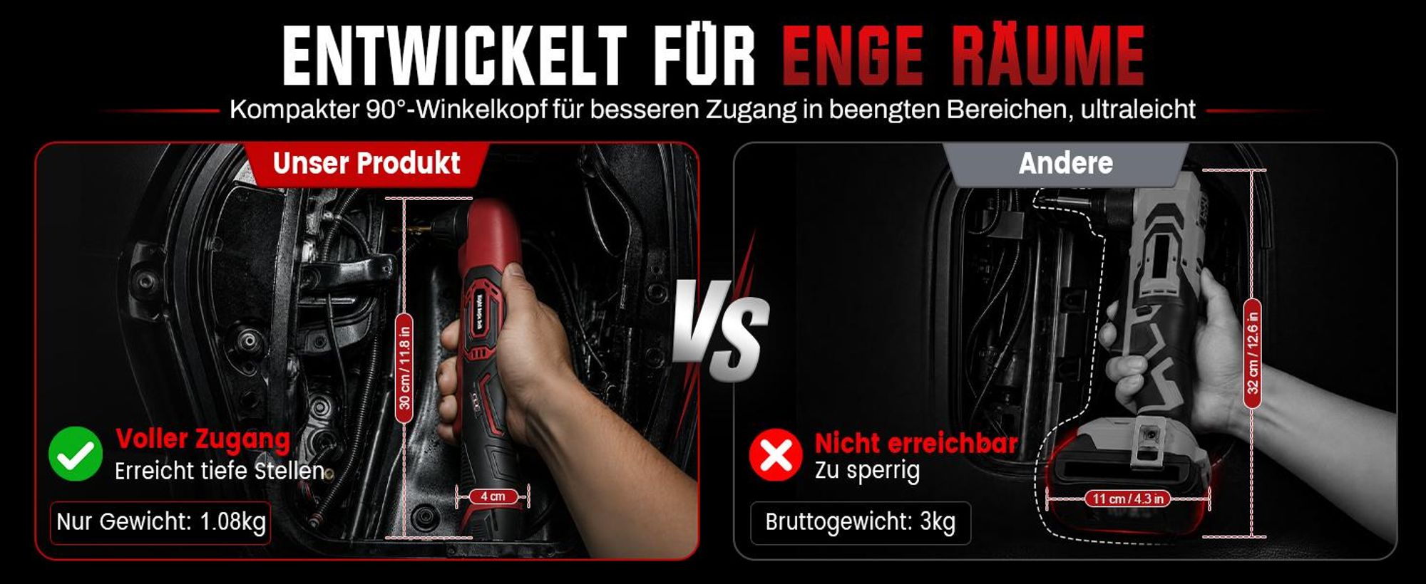 Akku Winkelbohrmaschine Winkelbohrer 12V, 90° Winkelkopf für Enge Bereiche, 18 N·m, 10mm Spannfutter, 2-Gang-Getriebe, LED-Licht, inkl. 13 Bohrbits