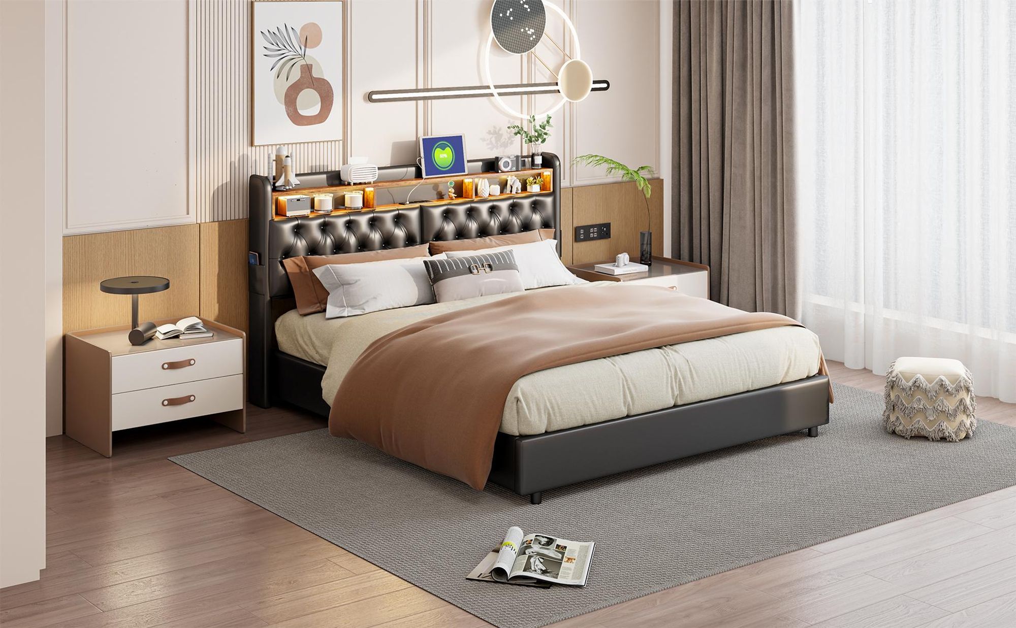 INONEFT Boxspringbett 180×200 mit USB Ladefunktion,Polsterbett Jugendbett mit LED,Hydraulisches Doppelbett,Stauraumbett, PU, Schwarz.