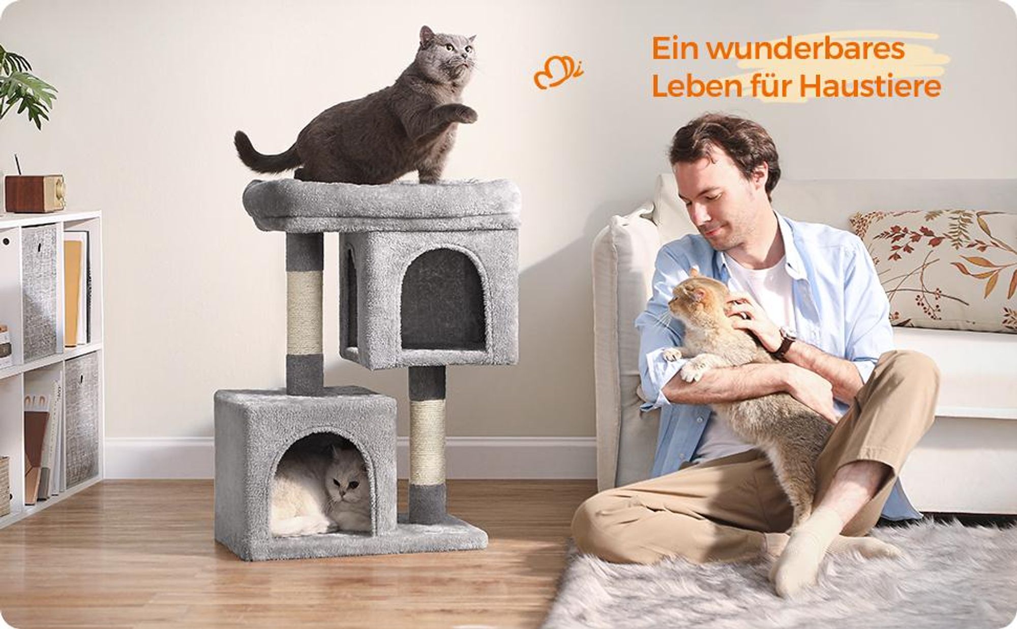Feandrea Kratzbaum, 74 cm Katzenbaum, M, Katzenhaus für mittelgroße Katzen bis zu 5 kg, große Plattform, 2 Katzenhöhlen, Sisalstämme, hellgrau PCT612W01