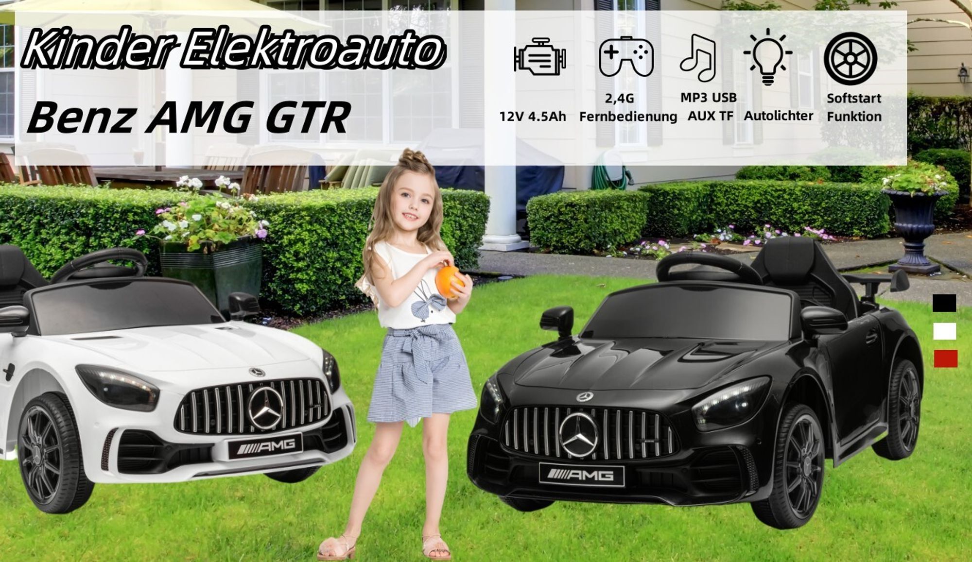 Elektroauto Kinderauto Mercedes Gtr, mit 2,4G Fernbedienung, LED Scheinwerfer, MP3, Hupe und Musik, Schwarz