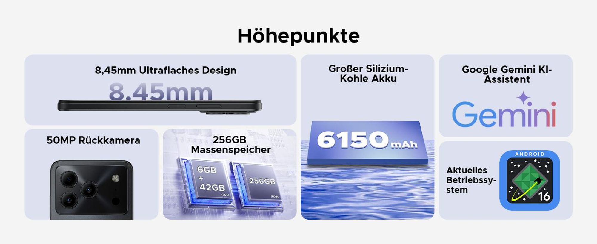 DOOGEE Note56 Plus Smartphone Handy, Android 16, 6,56" 90Hz, 6150mAh Akku, 48GB+256GB, 4G, 50MP, NFC, Fingerabdruck, Gesichtserkennung, ohne Vertrag